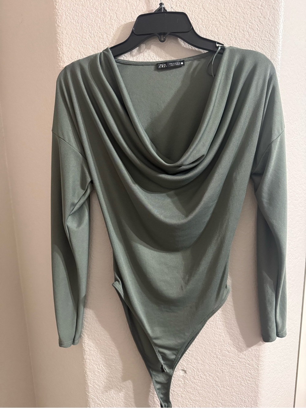 Zara Olive Green Draped Cowl-Neck Bodysuit
